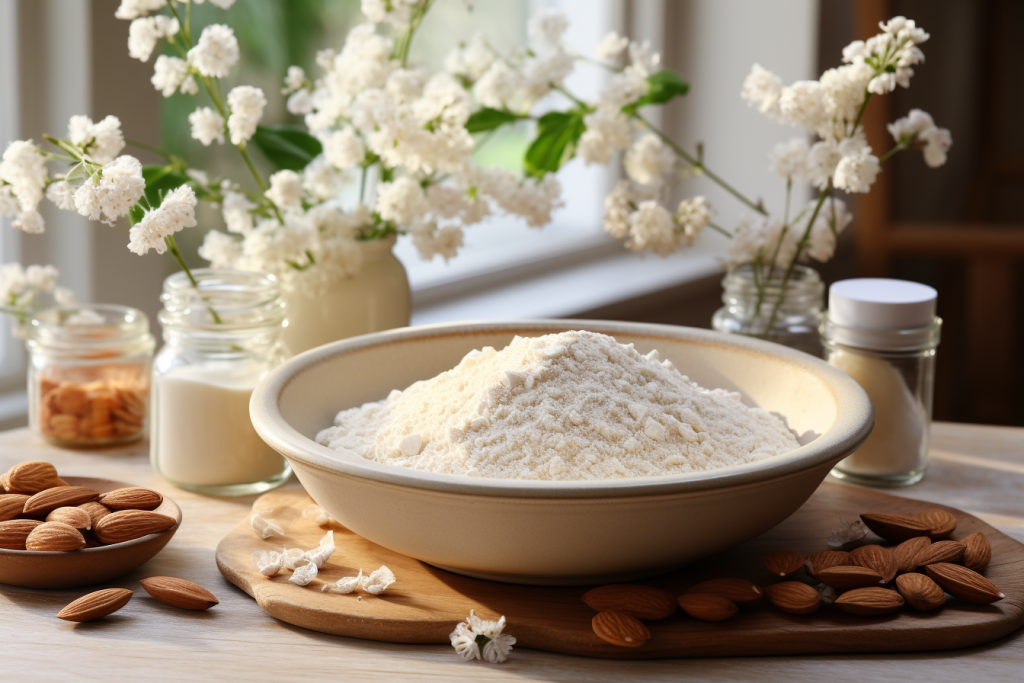 bowl of almond flour on a kitchen counter surrounded by almonds