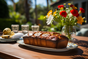 loaf of keto banana bread on a patio table