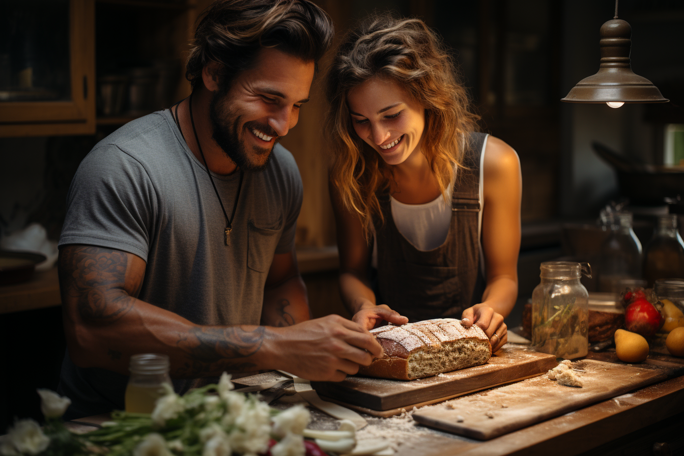 healthy couple with fresh keto banana bread loaf