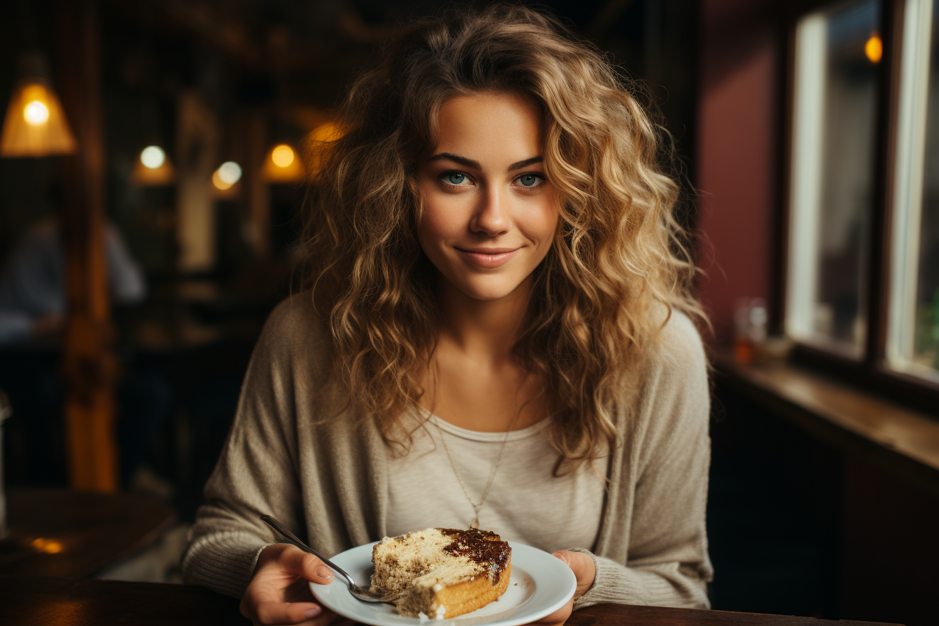 healthy woman eating a slice of keto banana bread