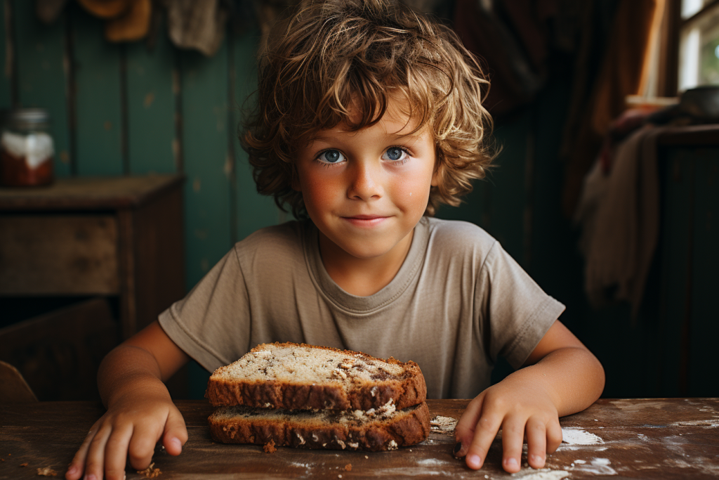 little boy eating banana bread